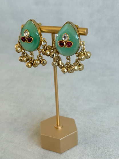Ayura Designs Aykai Earrings – Mint Green Teardrop Stud Earrings with Clear & Pink Kundan Stones and Gold Ghungroo Drops