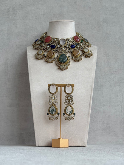 Ayura Designs Kimmy Necklace Set with Earrings – Statement Multicolour Necklace with Marble Stone Details & Crystal Work