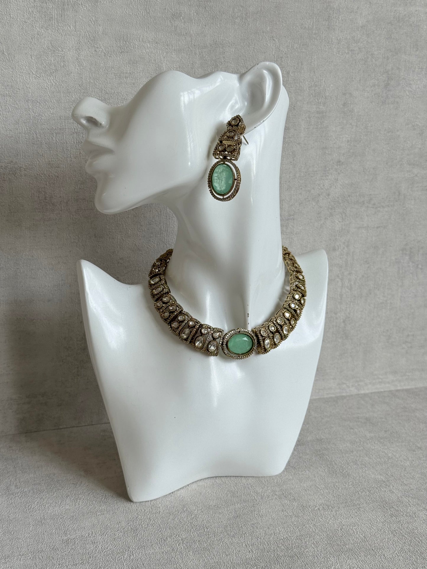 Ayura Designs Sadie Necklace Set with Earrings – Mint Green Centre Stone, Moissanite Style Stones & Crystal Halo Detailing