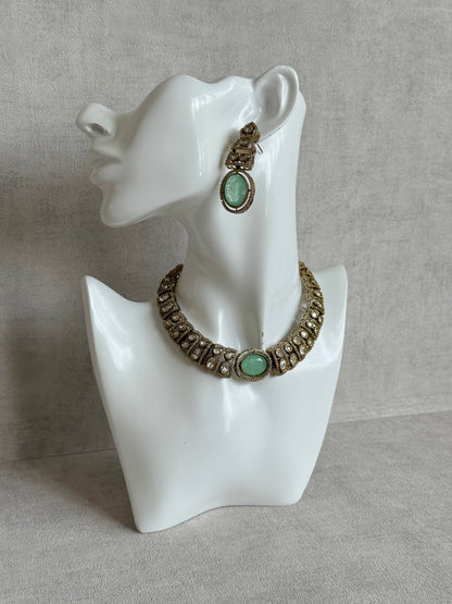 Ayura Designs Sadie Necklace Set with Earrings – Mint Green Centre Stone, Moissanite Style Stones & Crystal Halo Detailing