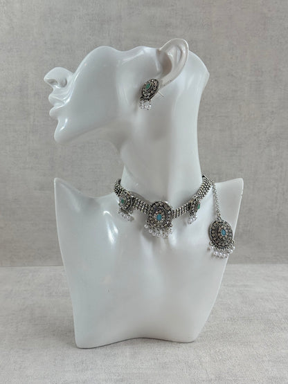 Ayura Designs Gauri Choker Necklace Set with Earrings & Tikka – Mint Green, Turquoise Blue & Crystal Stones with Oxidised Silver Finish