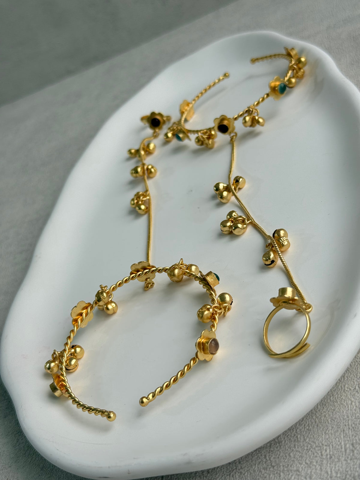 Ayura Designs Kajri Haathphool Set of 2 – Gold Tone Floral Hand Harness with Multicolour Stones & Ghungroo Detailing