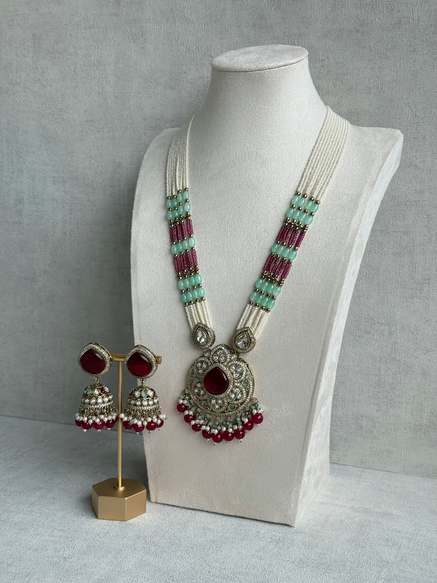 Ayura Designs Brielle Set – Necklace & Jhumkis with Mirror-Cut Stones, Ruby Red, Mint Green & Ivory Pearl Detailing