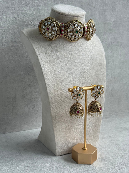 Ayura Designs Tanu Choker Set – Antique Gold Choker & Jhumkis with Ruby & Emerald Kundan and Pearl Borders