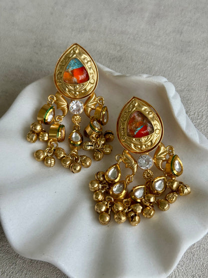 Ayura Designs Arheer Earrings – Orange & Turquoise Marble with Kundan Detailing & Antique Gold Ghungroos