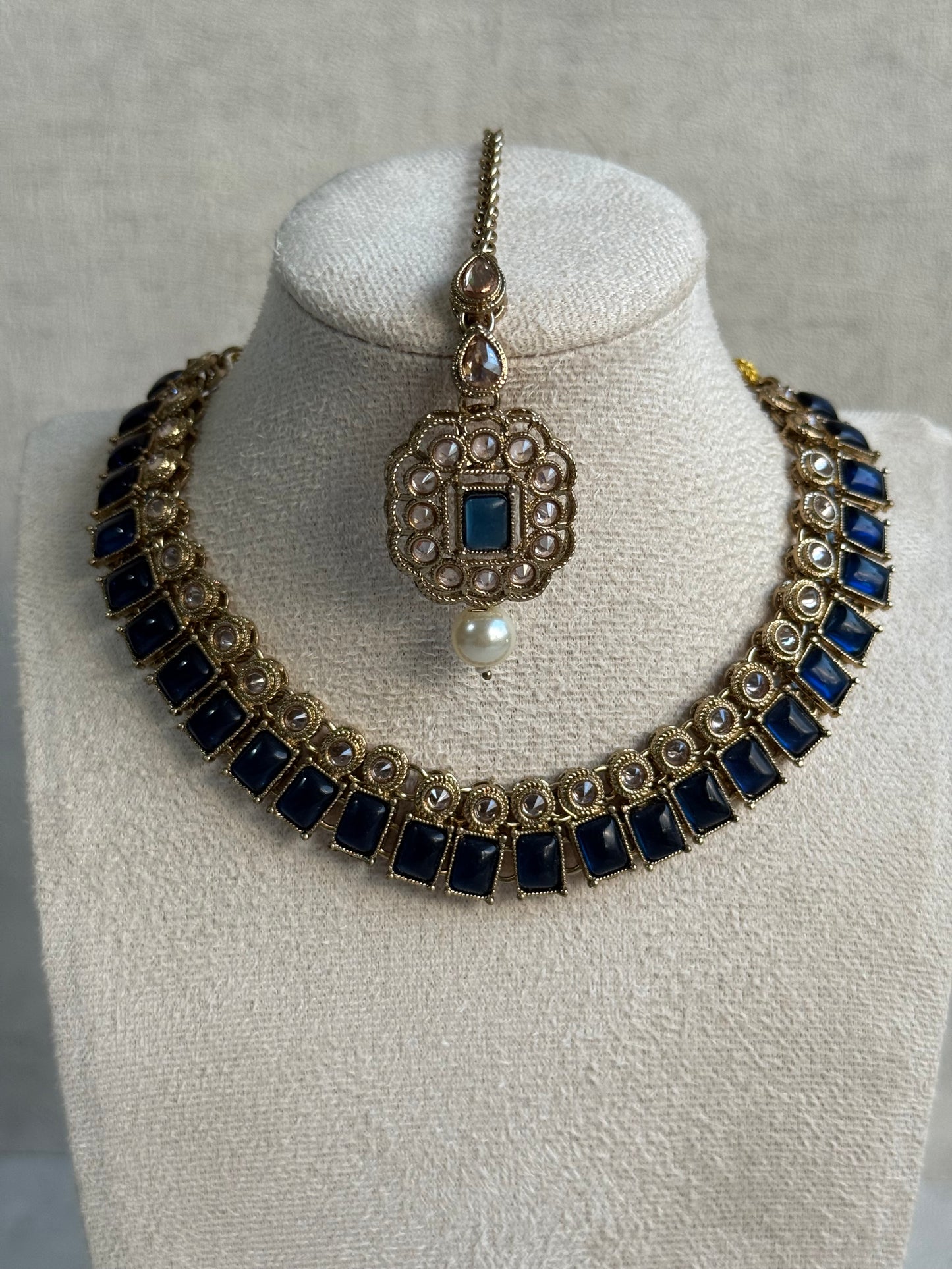 Ayura Designs Dania Set with Necklace, Stud Earrings & Tikka – Midnight Blue Stones, Pearl Drops & Antique Gold Finish
