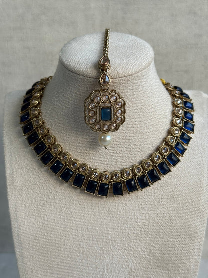 Ayura Designs Dania Set with Necklace, Stud Earrings & Tikka – Midnight Blue Stones, Pearl Drops & Antique Gold Finish