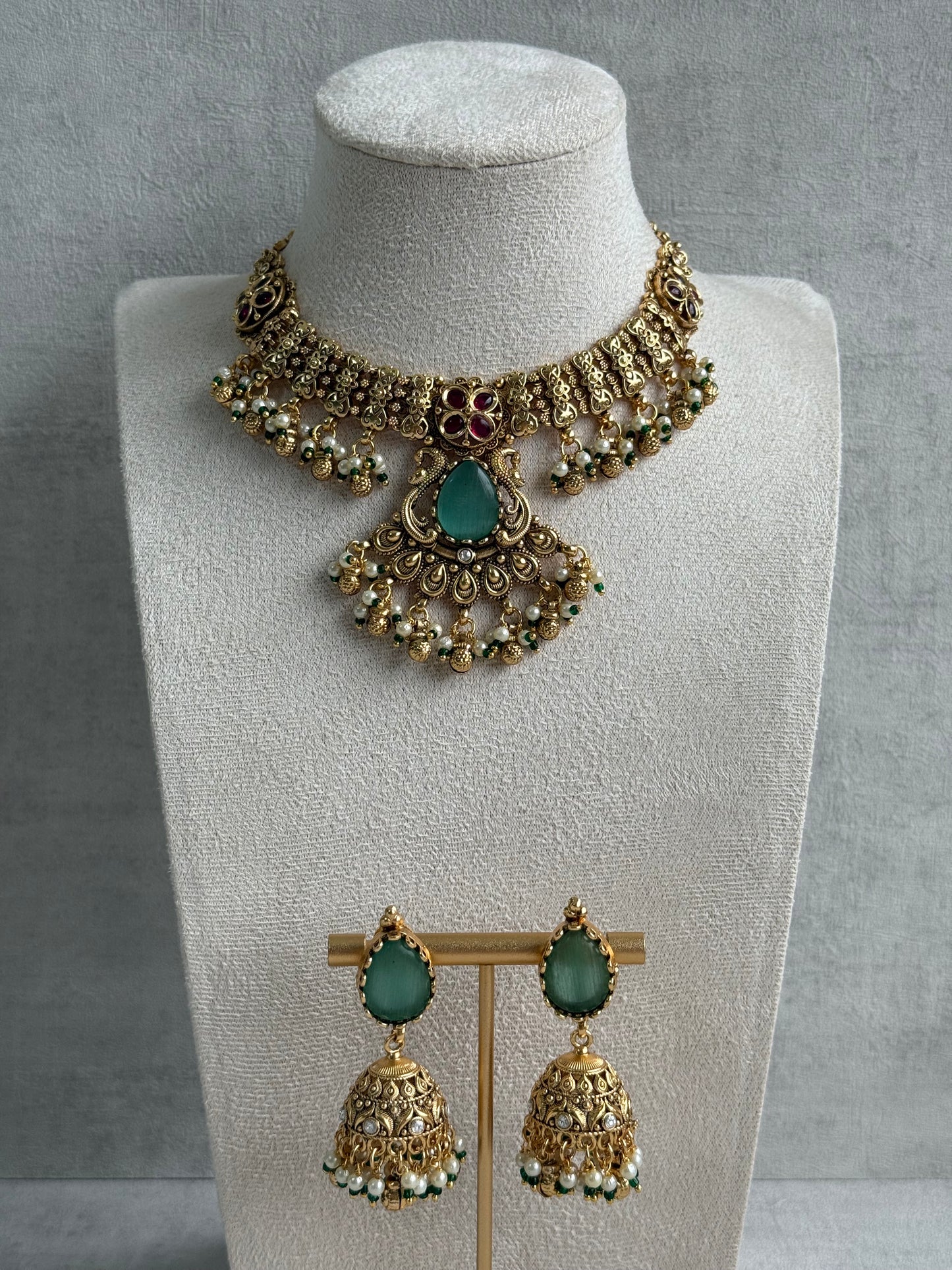 Ayura Designs Urvashi Set – Antique Gold Necklace & Jhumkis with Mint Green Stone, Ruby & Pearl Detailing
