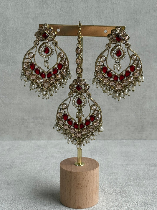 Ayura Designs Damini Tikka Set – Mirror-Cut Kundan Earrings & Tikka with Ruby Red Enamel and Pearl Detailing