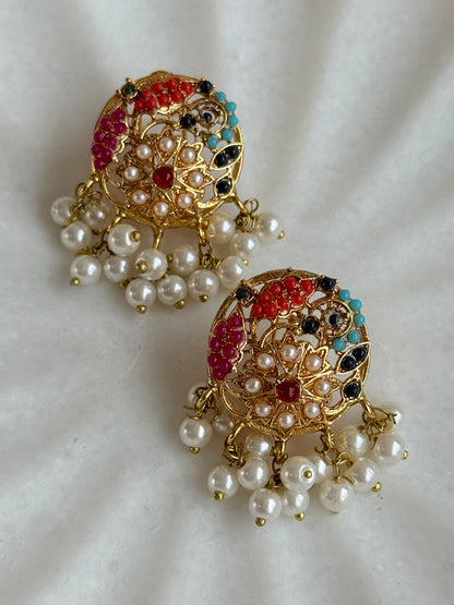 Ayura Designs Rasya Stud Earrings – Multicolour Stones with Pearl Drops & Gold Detailing