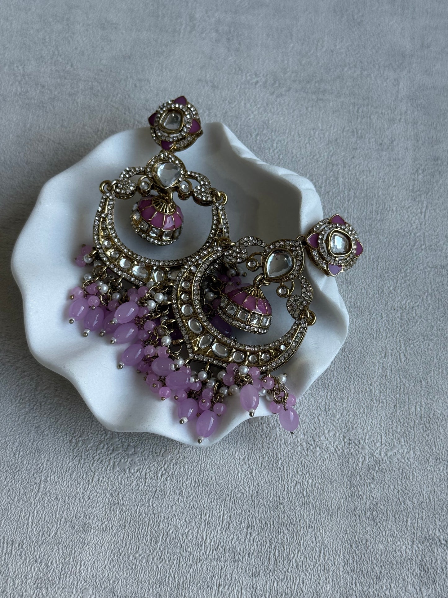 Ayura Designs Reha Earrings – Statement Chandbalis with Lavender Pink Beads, Pearls & Mirror-Cut Stones