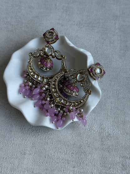 Ayura Designs Reha Earrings – Statement Chandbalis with Lavender Pink Beads, Pearls & Mirror-Cut Stones
