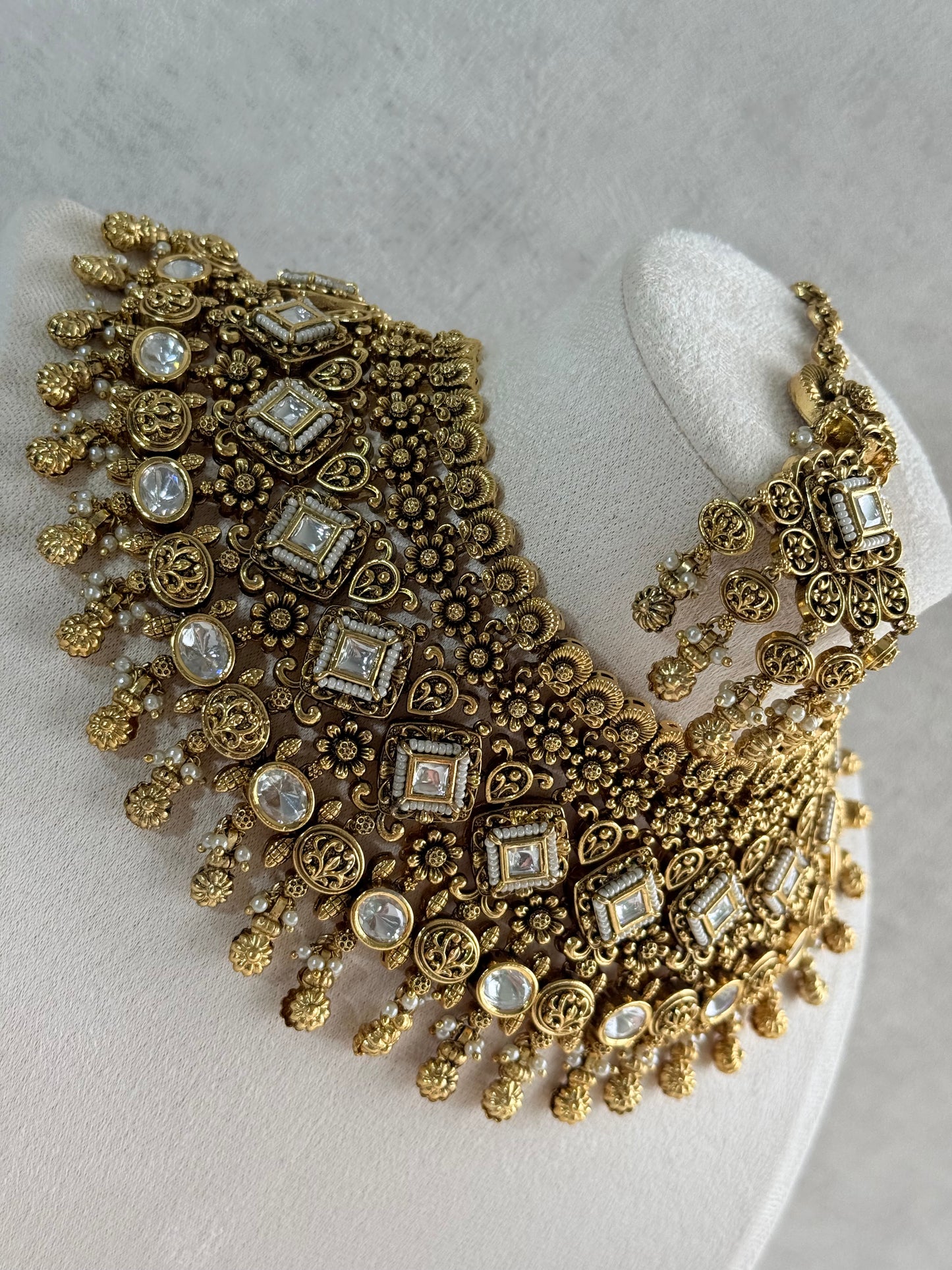 Ayura Designs Ehsaas Bridal Set with Earrings & Tikka – Kundan Stones, Pearls in Antique Gold Finish