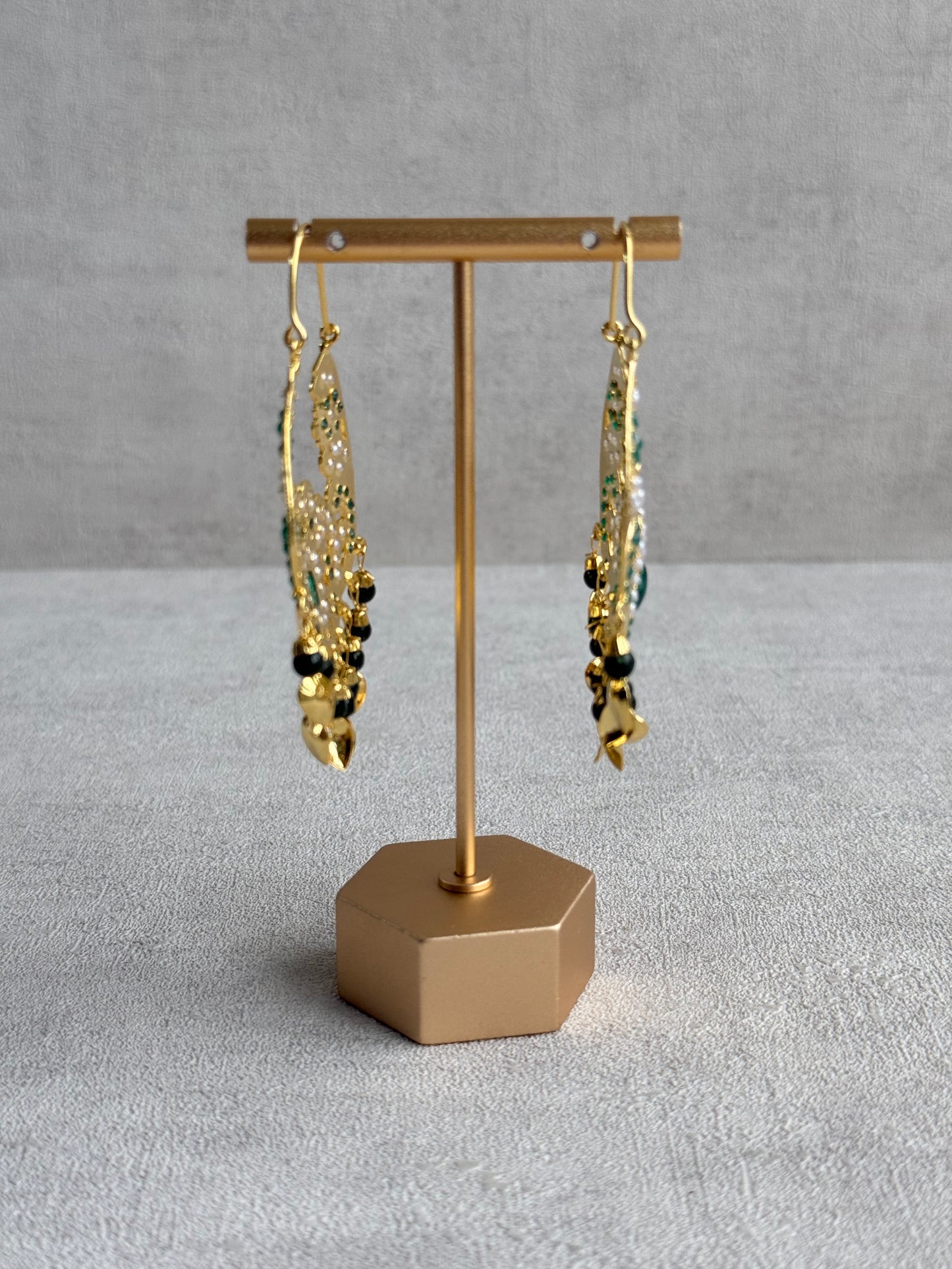 Ayura Designs Nimrat Balis – Emerald Green & Ivory Pearls with Pippal Patti & Gold Finish