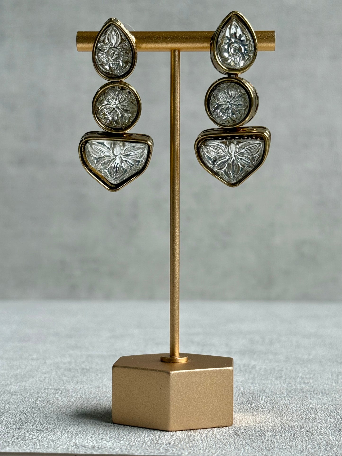 Ayura Designs Zella Earrings – Carved Crystal with Gold Frame Detailing