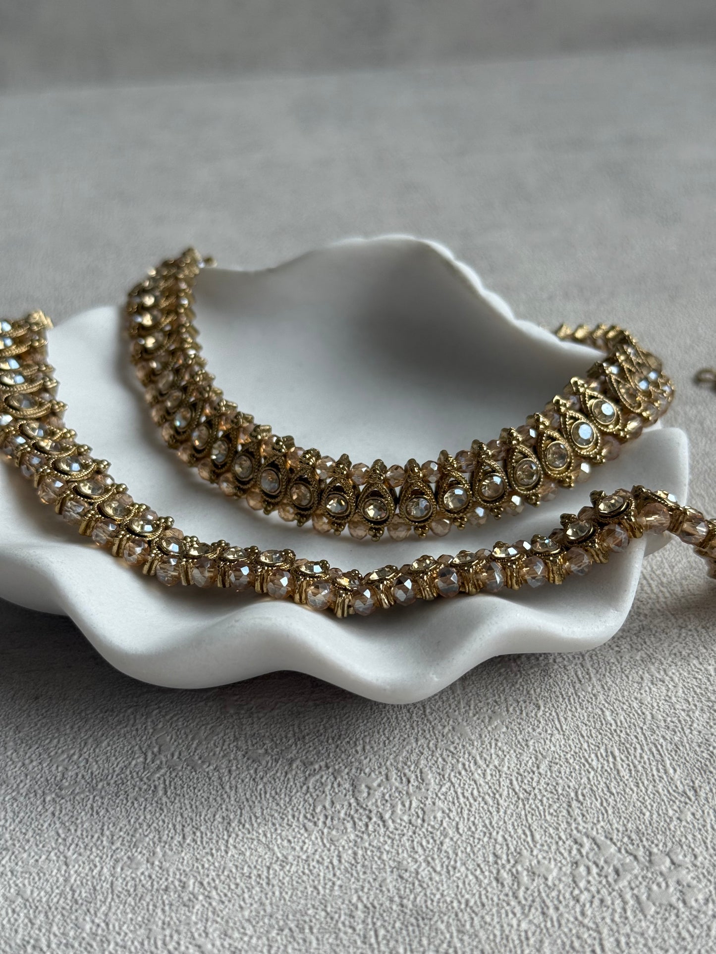 Ayura Designs Chandni Payals – Kundan Anklets with Champagne Crystals & Antique Gold Finish