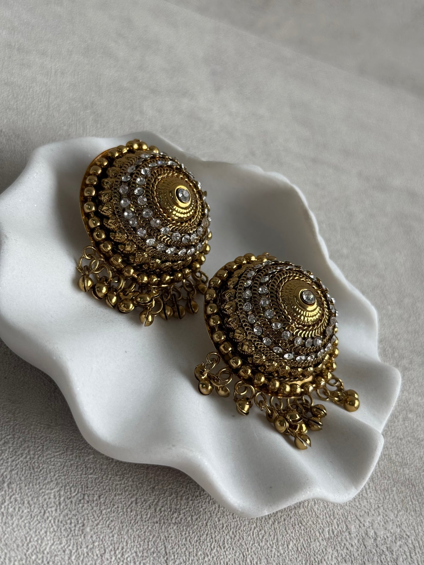 Ayura Designs Mitwa Earrings – Antique Gold Studs with Crystal Stones & Ghungroo Fringe