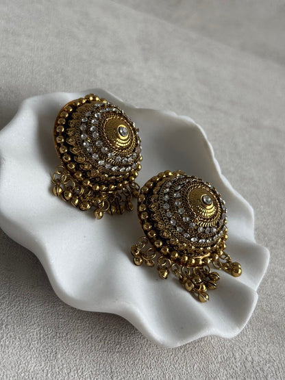 Ayura Designs Mitwa Earrings – Antique Gold Studs with Crystal Stones & Ghungroo Fringe