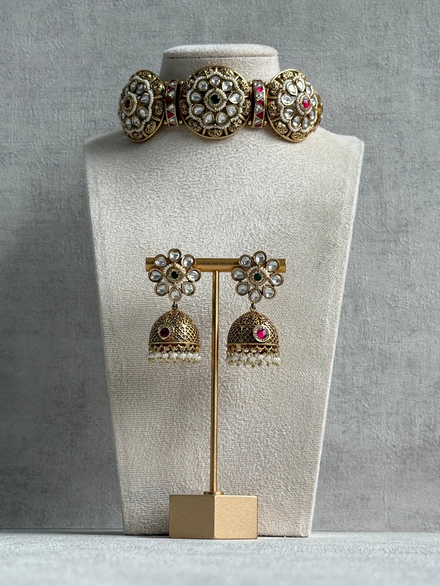 Ayura Designs Tanu Choker Set – Antique Gold Choker & Jhumkis with Ruby & Emerald Kundan and Pearl Borders