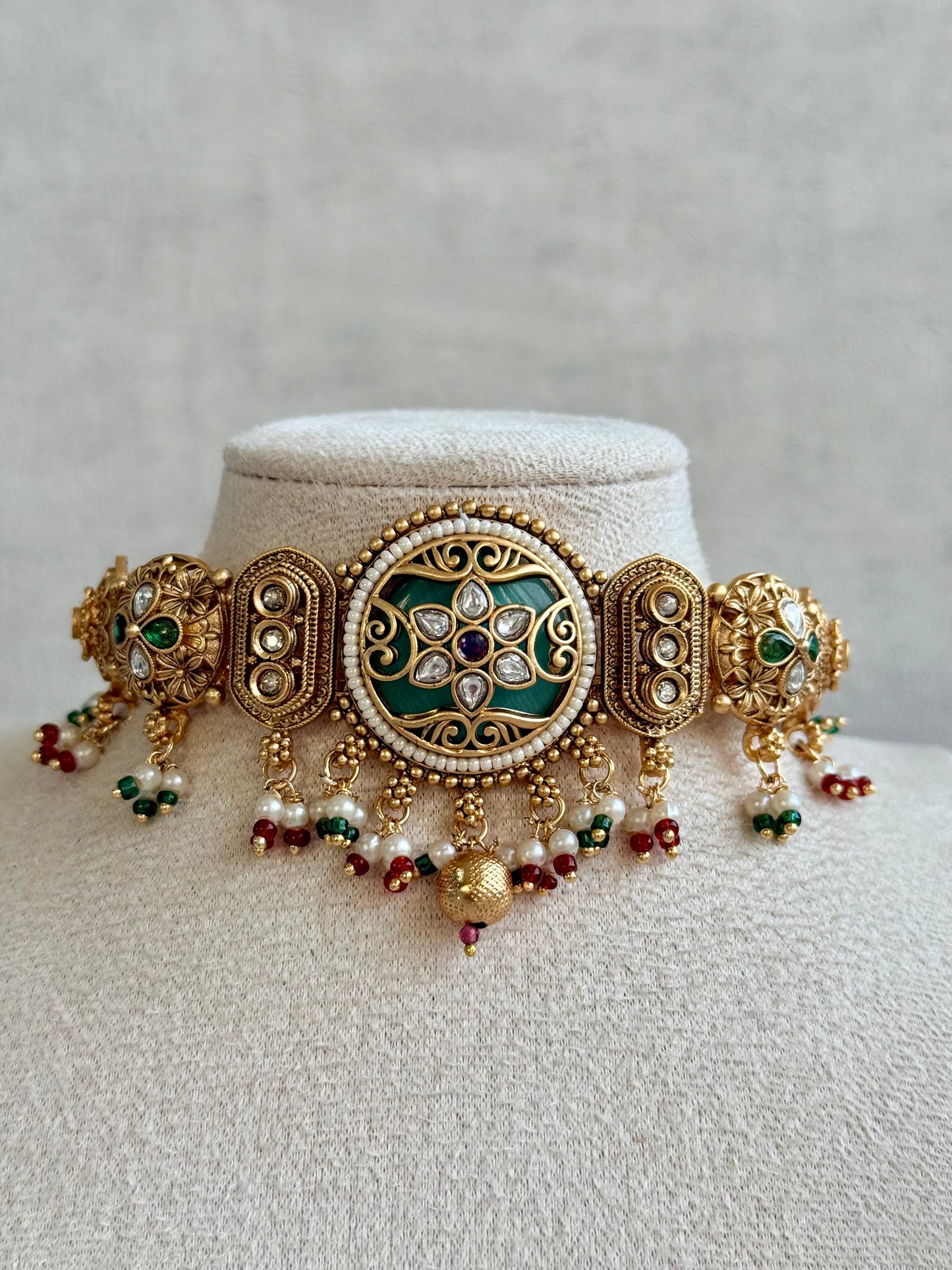 Ayura Designs Haya Choker Set with Stud Earrings – Emerald Enamel with Rani Pink Stones and Pearl Drop Detailing