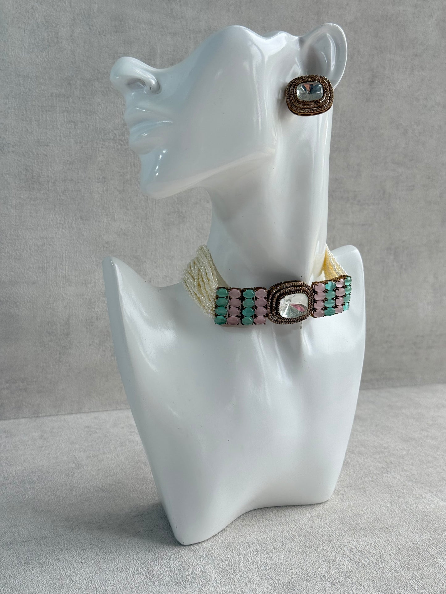 Ayura Designs Emma Choker Set – Mint Green & Blush Pink Gemstone Choker & Studs with Mirror-Cut Centrepiece, Pearl Strands & Crystal Borders