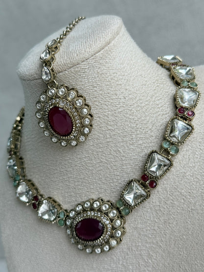 Ayura Designs Inza Necklace Set – Rani Pink & Mint Green Stones, Kundan & Crystals with Antique Gold Finish