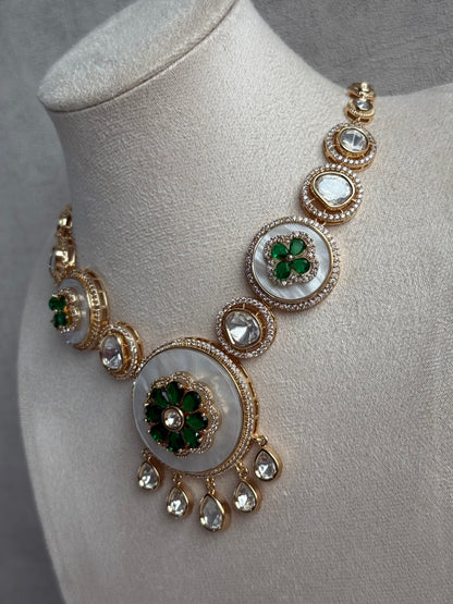 Ayura Designs Wisah Set with Necklace & Earrings – Emerald Green Floral Motifs with Mother of Pearl, Mirror-Cut Stones & Crystal Detailing