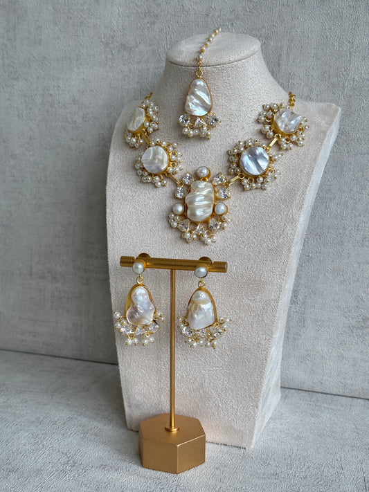 Ayura Designs Niamh Set with Tikka & Earrings - Baroque Pearl, Mother of Pearl & Swarovski Crystals