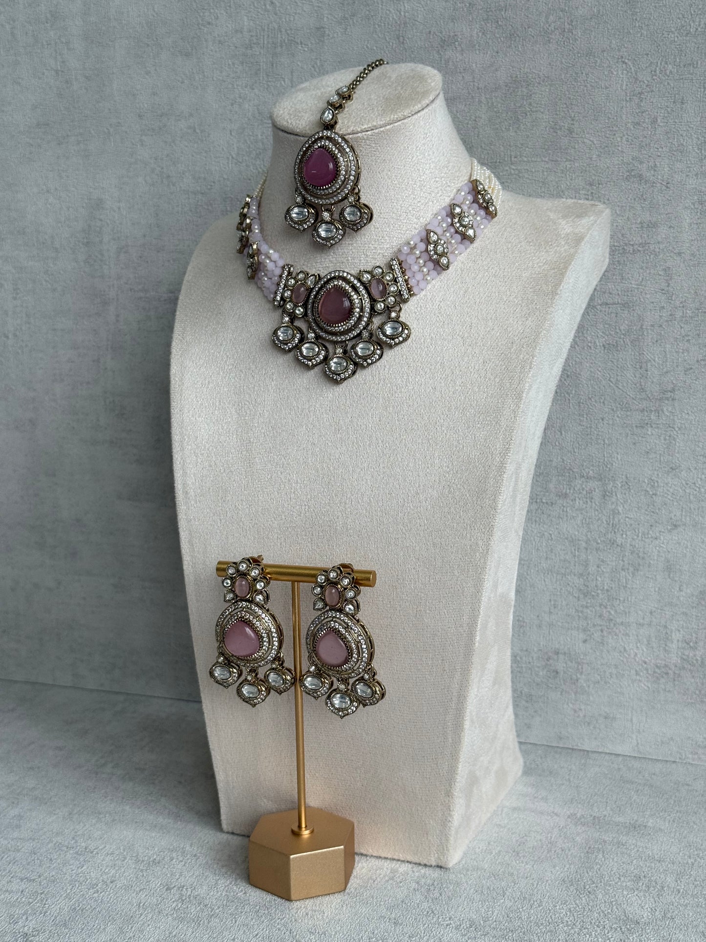 Ayura Designs Rahi Necklace Set with Earrings & Tikka – Blush Pink Stones with Mirror-Cut Detailing & Pearl Strands