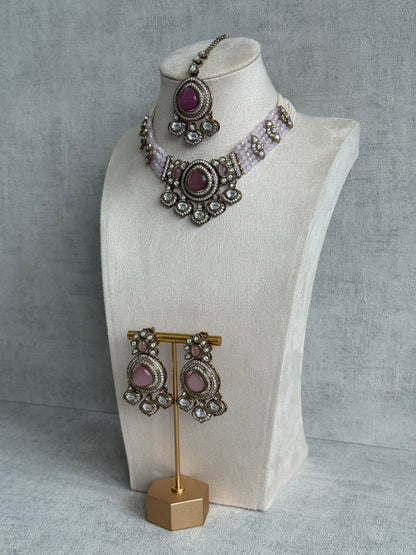 Ayura Designs Rahi Necklace Set with Earrings & Tikka – Blush Pink Stones with Mirror-Cut Detailing & Pearl Strands