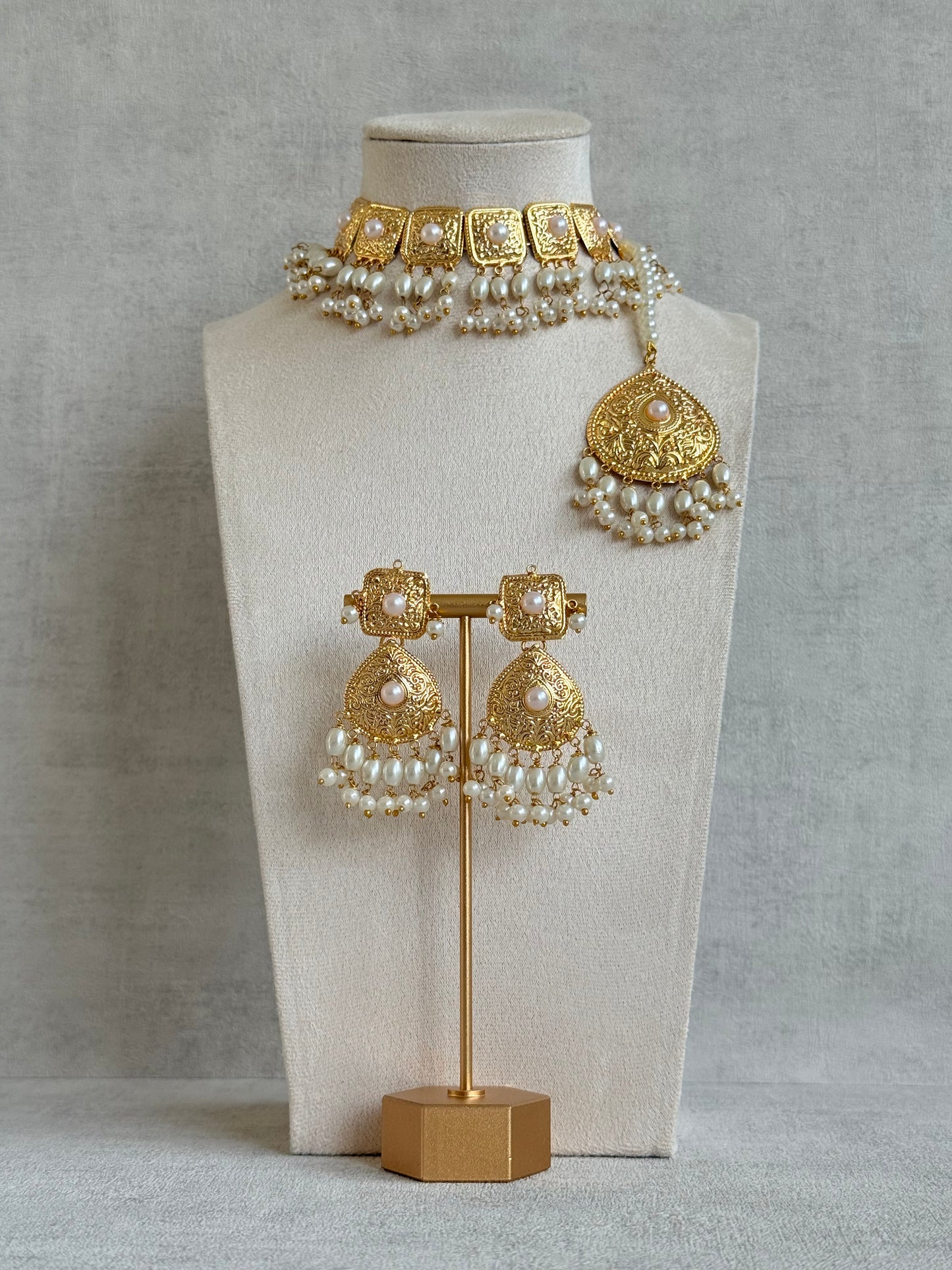 Ayura Designs Chetna Choker Set with Earrings & Tikka – Ivory Pearl Beads & Pearl Drops with Pipal Patti Detailing