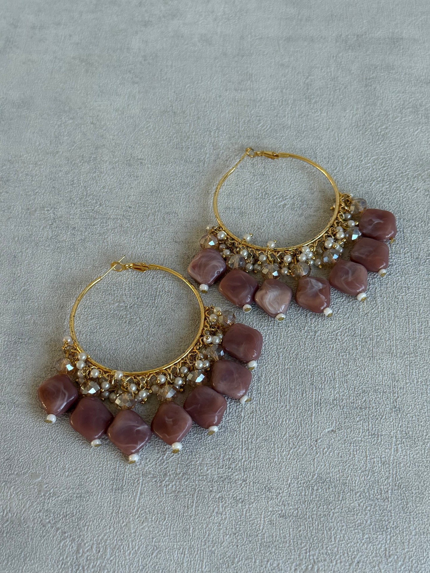 Ayura Designs Heer Balis – Gold Hoops with Dusty Rose Marble Beads, Pearls & Crystal Detailing