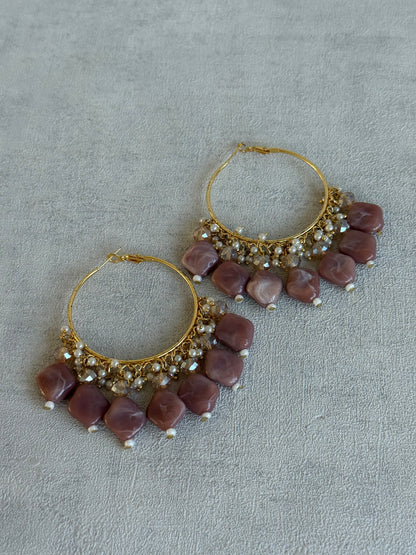 Ayura Designs Heer Balis – Gold Hoops with Dusty Rose Marble Beads, Pearls & Crystal Detailing