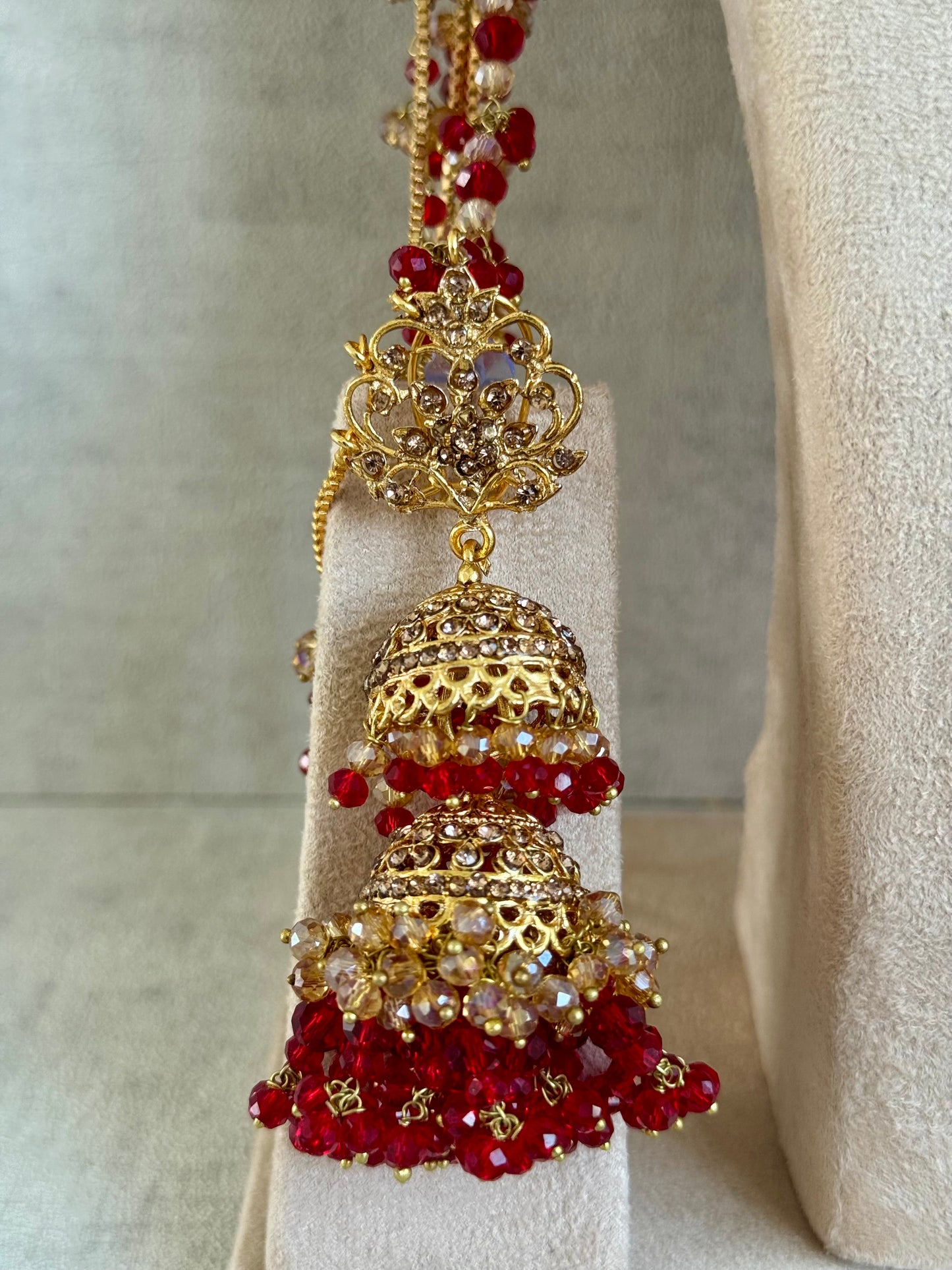 Ayura Designs Ishqiya Bridal Set with Necklace, Jhumkis with Sahare, Tikka & Jhoomer – Antique Gold, Champagne Stones & Red Bead Detailing