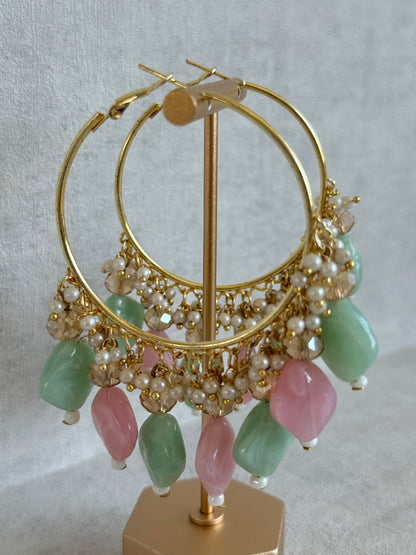 Ayura Designs Heer Balis – Gold Hoops with Mint & Blush Marble Beads, Pearls & Crystal Detailing