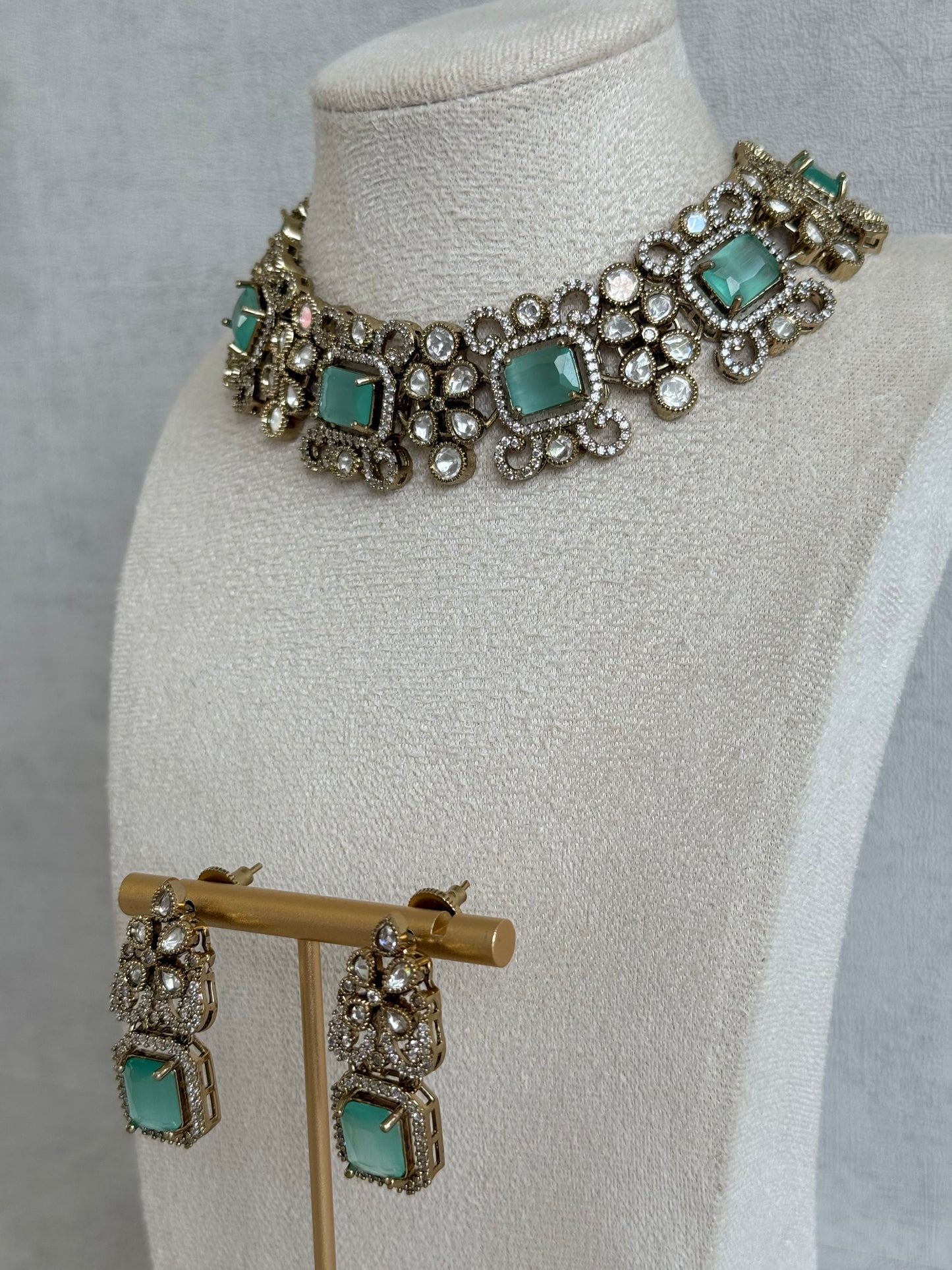 Ayura Designs Celine Necklace Set with Earrings – Moissanite Mint Green Statement Set