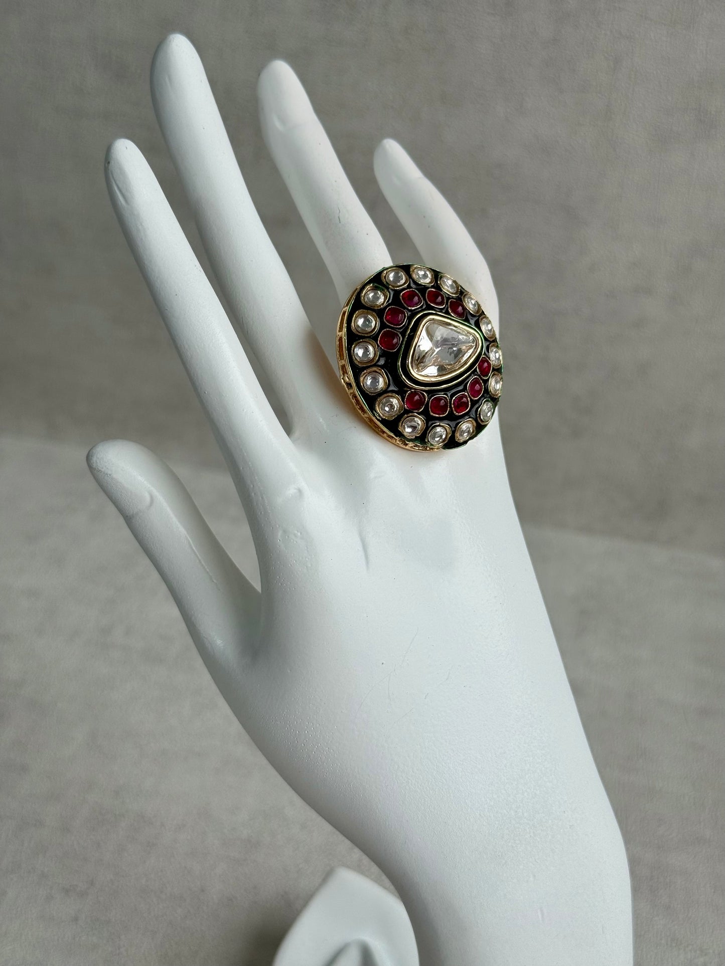 Ayura Designs Firdos Adjustable Ring – Mirror-Cut Stone Statement Ring with Green Enamel & Ruby Pink Detailing