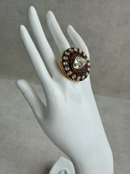 Ayura Designs Firdos Adjustable Ring – Mirror-Cut Stone Statement Ring with Green Enamel & Ruby Pink Detailing