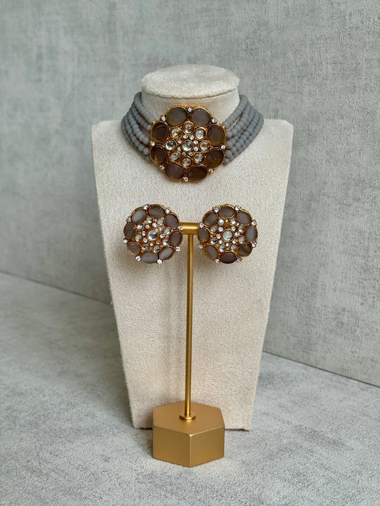 Ayura Designs Yasmin Kundan Choker Set with Studs – Slate Grey Beads & Mirror-Cut Stones