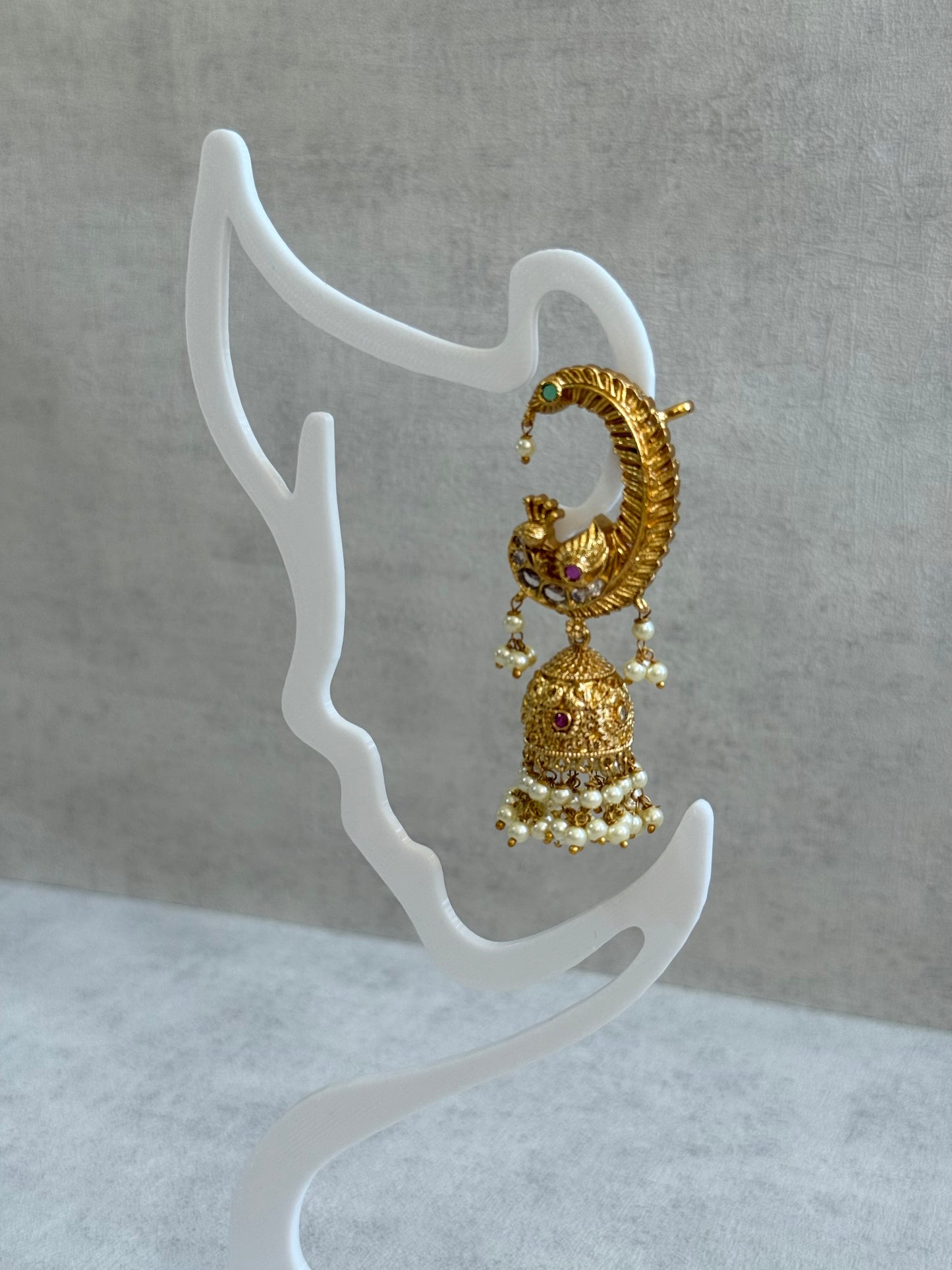 Ayura Designs Mythili Jhumkis – Half Ear Cuffs in Antique Gold with Peacock Design, Pink & Emerald Green Stones and Pearl Drops