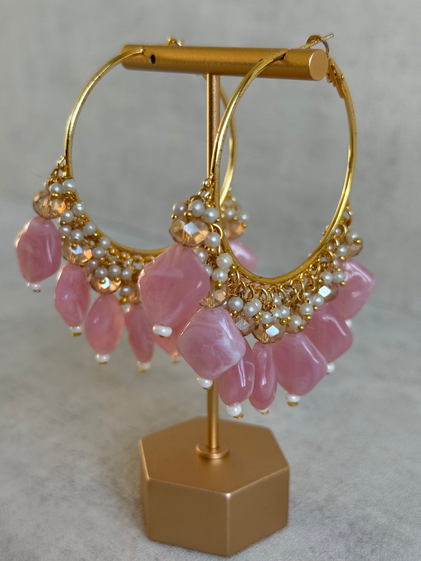 Ayura Designs Heer Balis – Gold Hoops with Baby Pink Marble Beads, Pearls & Crystal Detailing