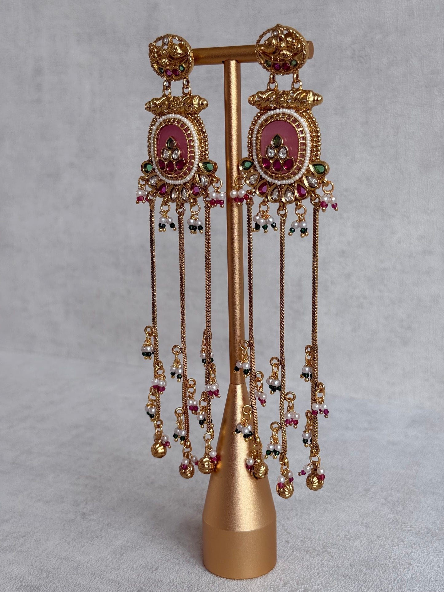 Ayura Designs Kaveri Earrings – Gold Long Chain Drop Earrings with Kundan, Pearls & Ghungroo Detailing – Rose Pink
