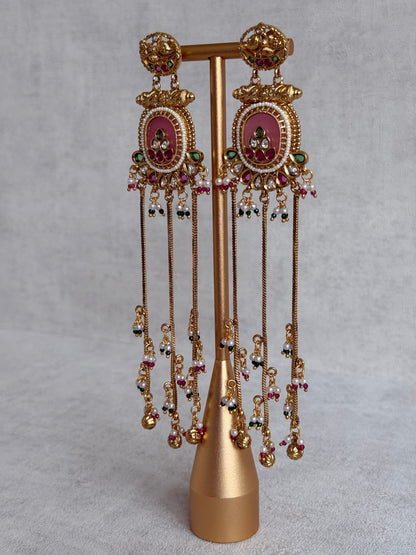 Ayura Designs Kaveri Earrings – Gold Long Chain Drop Earrings with Kundan, Pearls & Ghungroo Detailing – Rose Pink