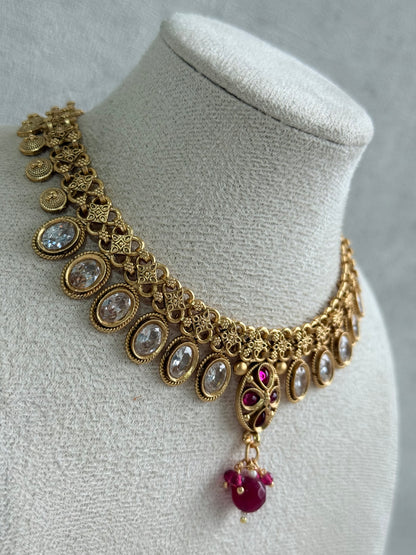 Ayura Designs Perniya Set with Necklace & Earrings – Mirror-Cut Stones with Rani Pink Accents in Antique Gold Finish