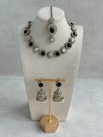 Ayura Designs Eira Necklace Set with Earrings & Tikka – Black & Crystal Stones with Antique Gold Finish