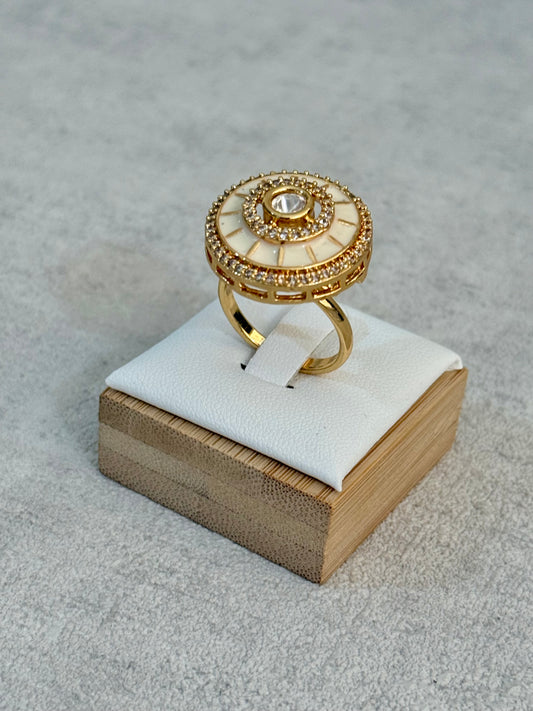 Ayura Designs Maisie Adjustable Ring – Ivory Enamel with Crystal Border & Moissanite Centre