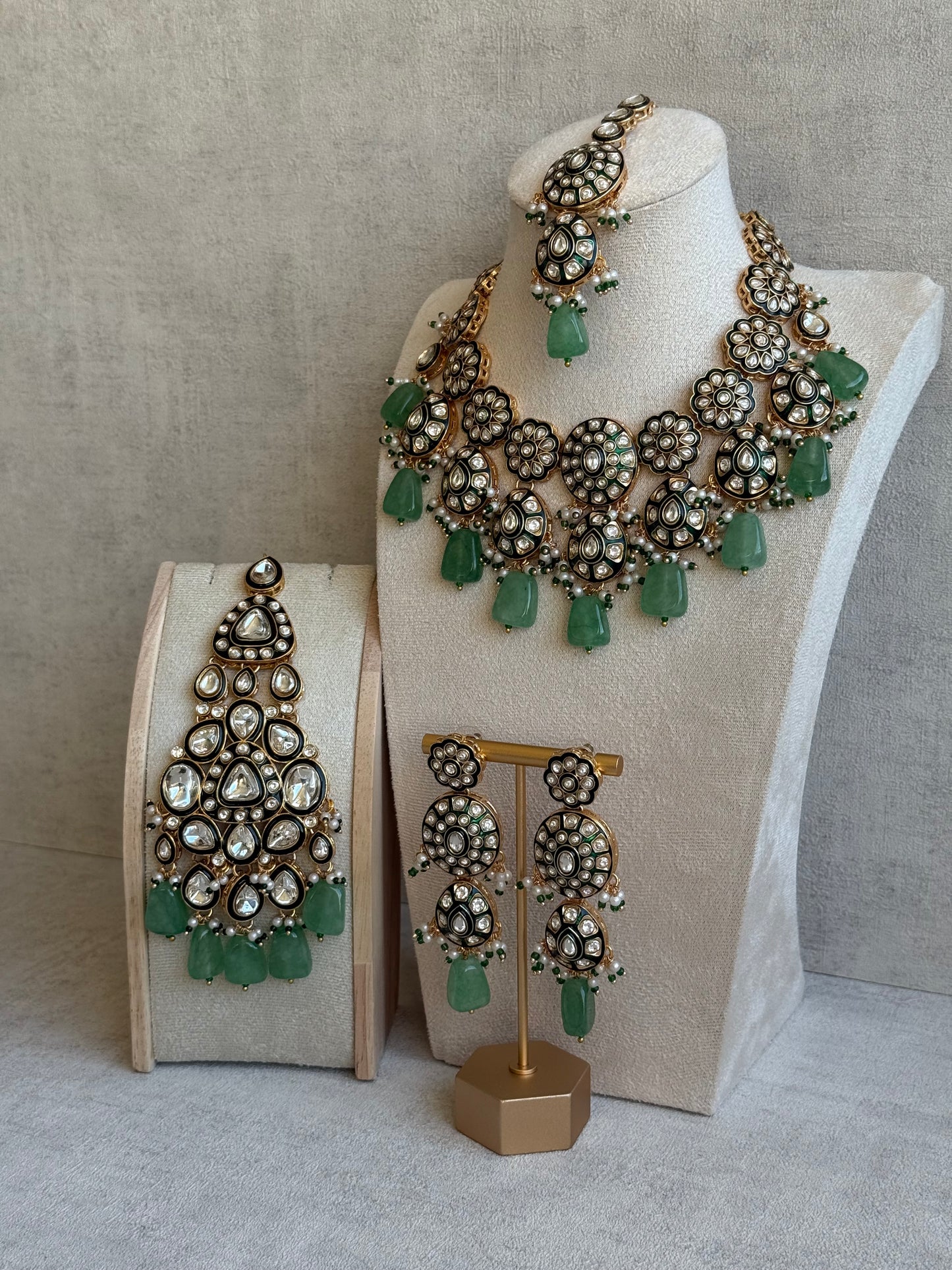 Ayura Designs Sumaira Set with Passa – Necklace, Earrings, Tikka & Passa with Kundan, Green Meenakari Detailing & Jade Green Drops