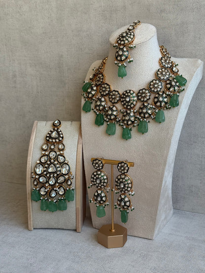Ayura Designs Sumaira Set with Passa – Necklace, Earrings, Tikka & Passa with Kundan, Green Meenakari Detailing & Jade Green Drops