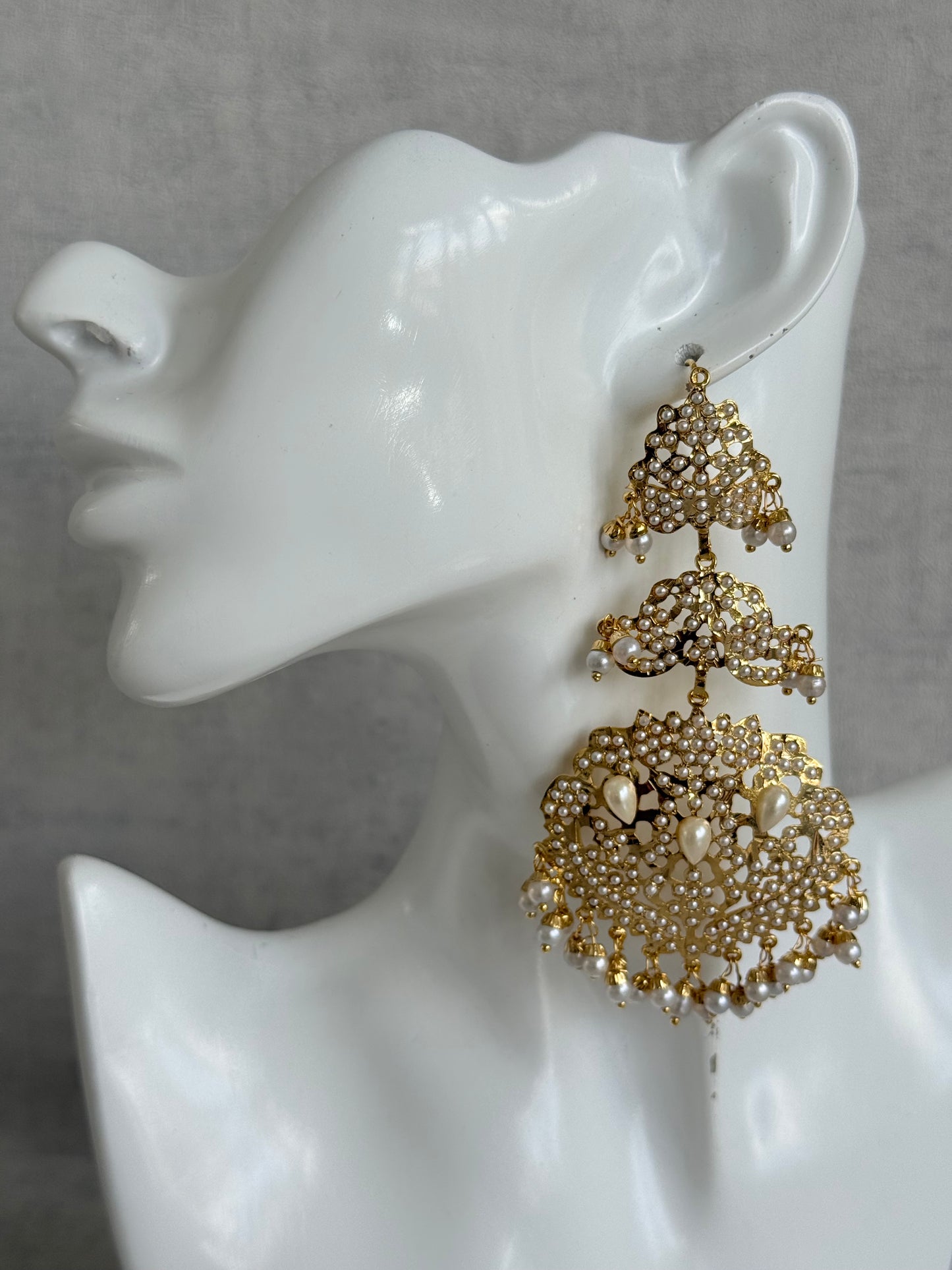 Ayura Designs Zarrar Earrings – Gold Jadau Filigree Statement Earrings with Pearl Drops