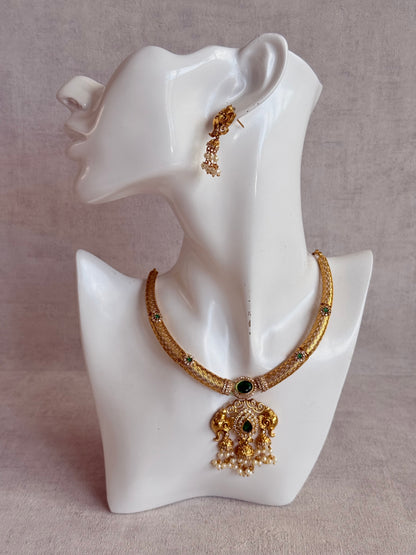 Ayura Designs Wadha Collar Necklace Set with Earrings – Gold Elephant Pendant & Emerald Green Stone Detailing